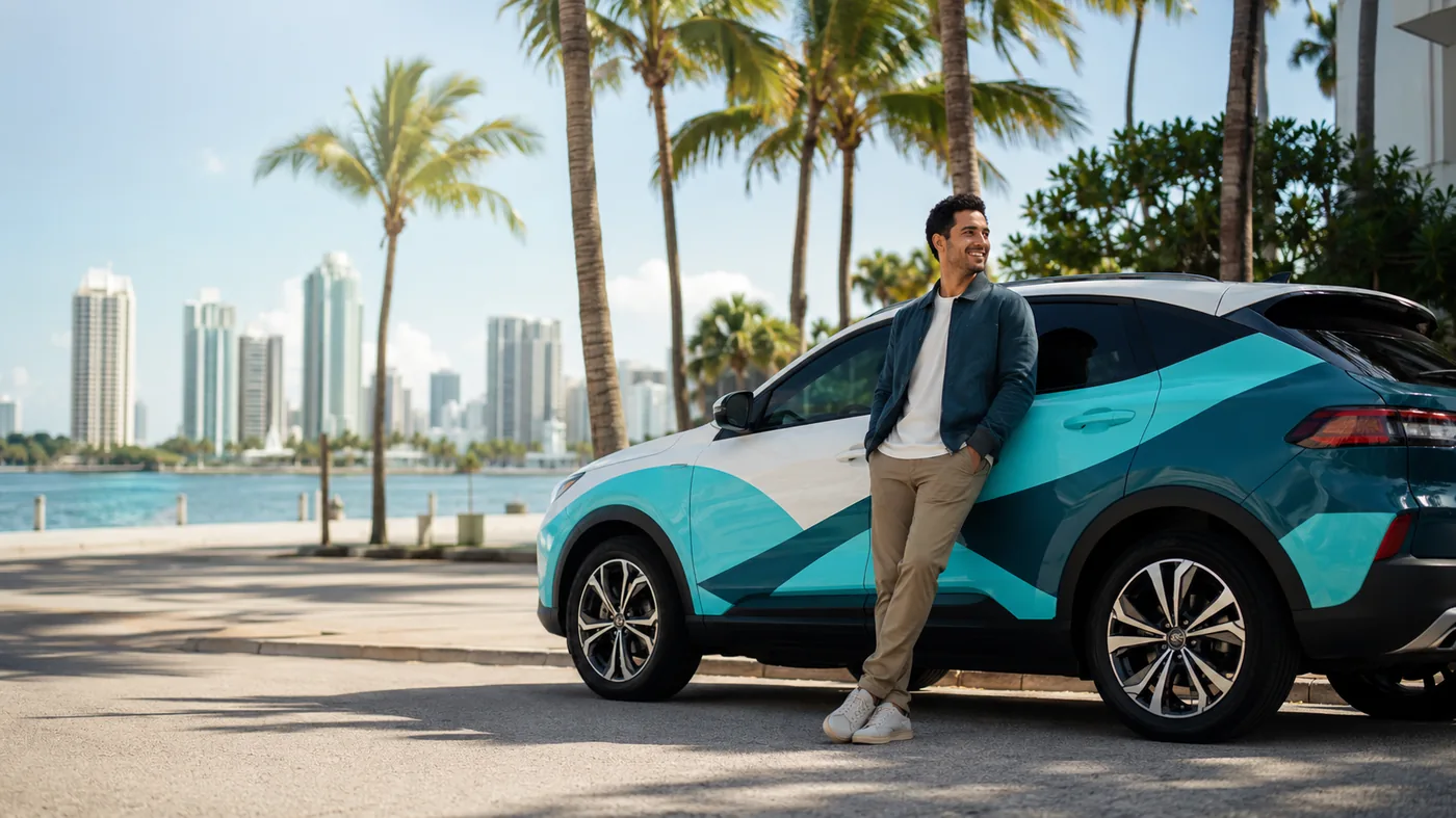 South Florida driver standing beside a professionally wrapped vehicle