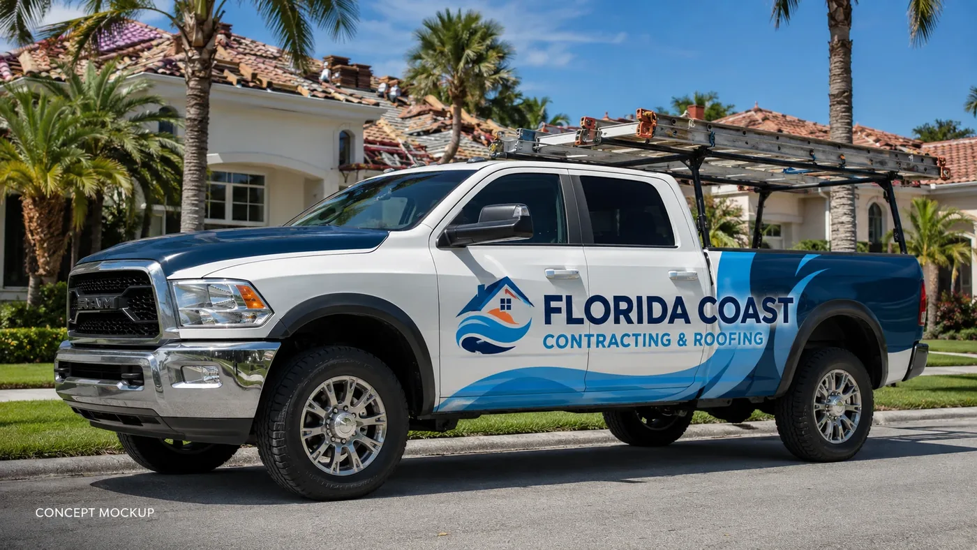 Contractor pickup truck wrapped for a roofing company outside a tile-roof home