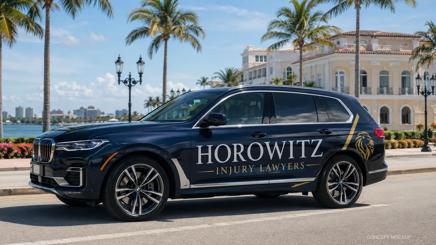 Dark SUV wrapped for an injury law firm on a Palm Beach waterfront road