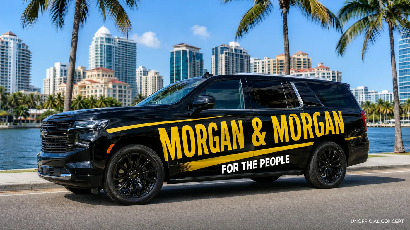 Black SUV wrapped for a personal injury law firm on a South Florida waterfront road