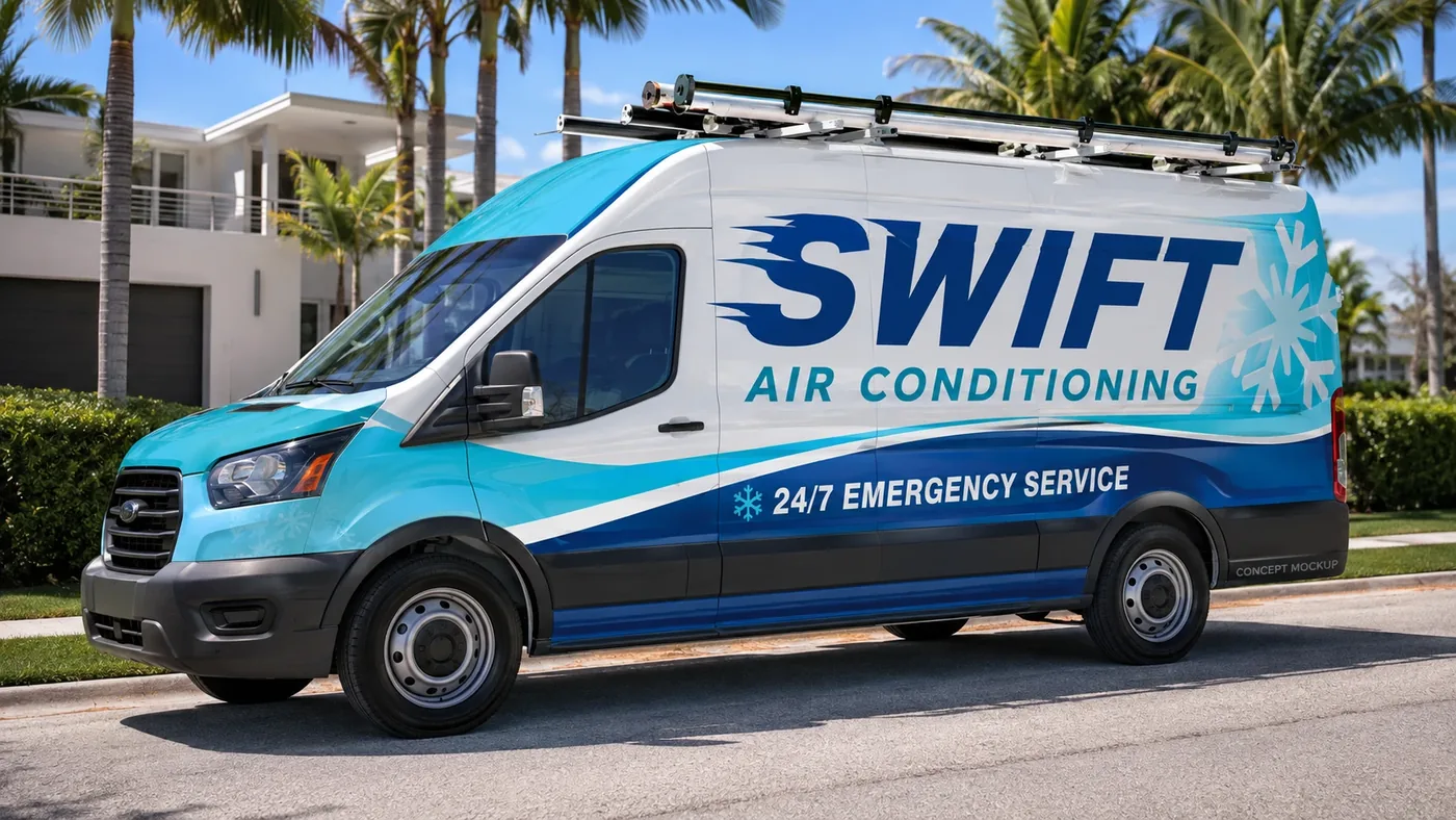 Service van wrapped for an air conditioning company on a residential street