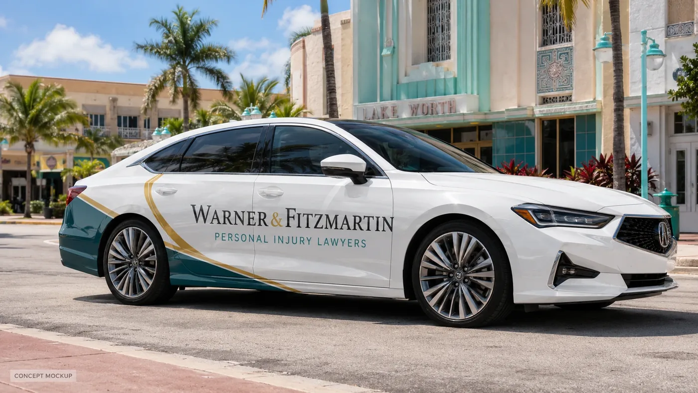 White sedan wrapped for a personal injury law firm in downtown Lake Worth